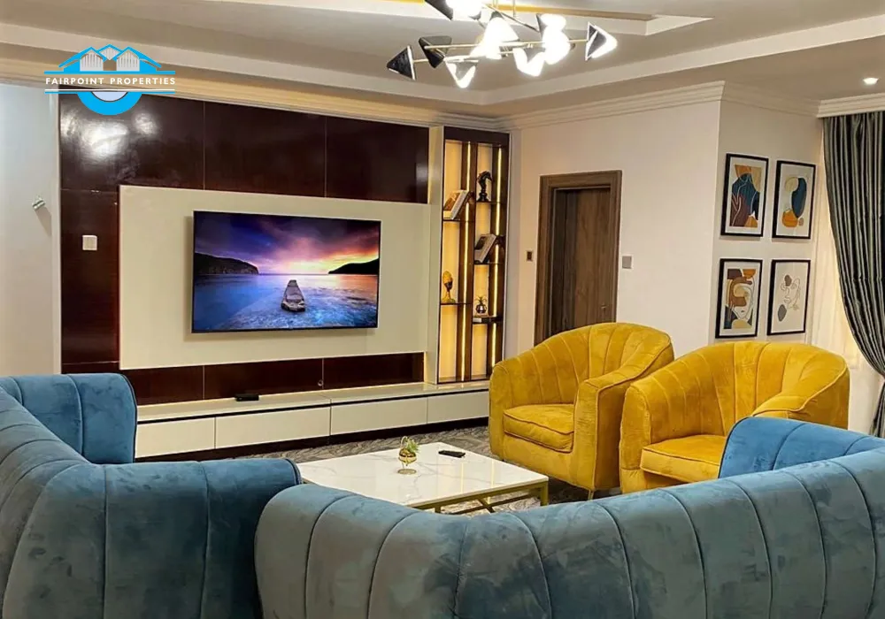 Large Sitting Room - fitted with wide screen smart Tv that comes with DSTv full package and netflix, Dinning, Air conditioner, snooker board, guest restroom, direct access to kitchen, and luxury decorations